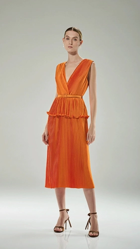 Vestido Midi Decote V Plissado