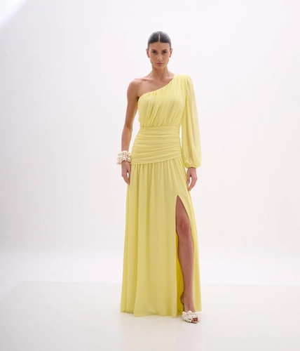 O Vestido Amarelo nula manga com Drapeado