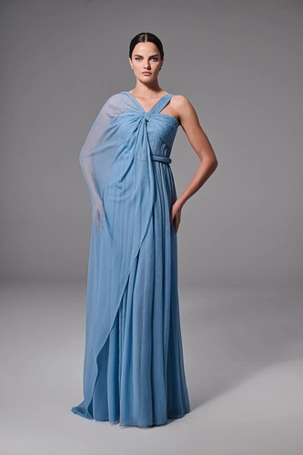 Vestido Azul Serenity Assimétrico e Camada Translúcida